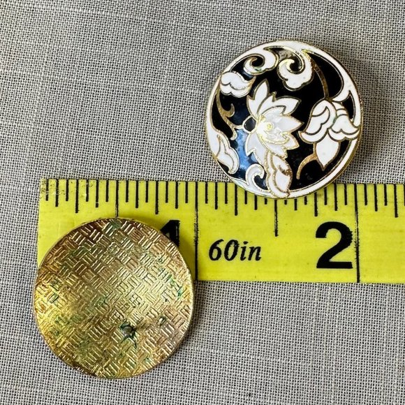 Vintage Cloisonne White, Black, and Gold Lotus Round Earrings - Picture 2 of 9